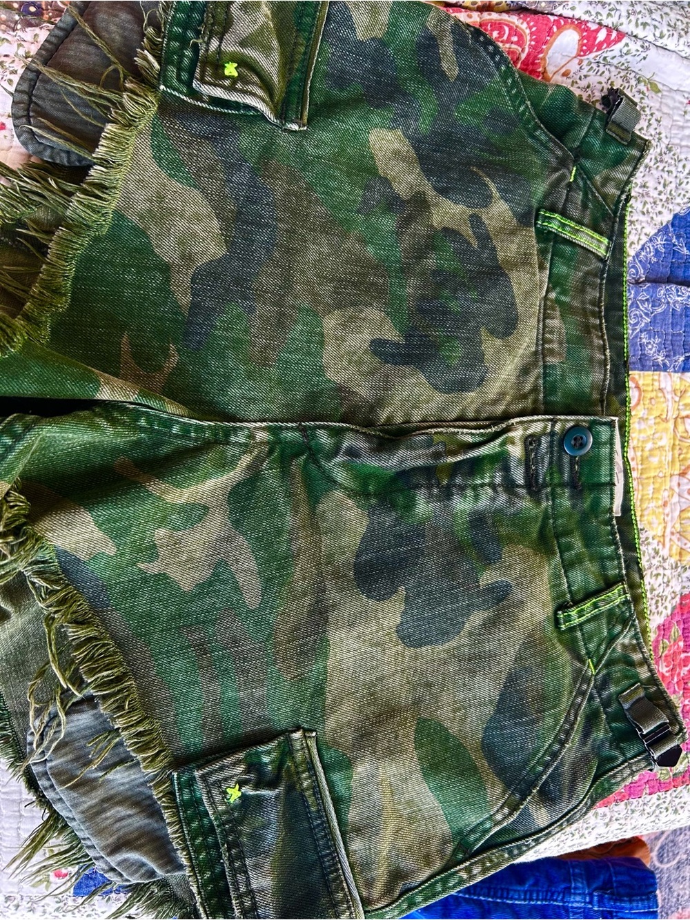 We The Free Green Camo Frayed Hem Jean Shorts